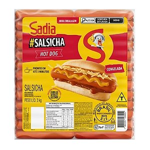 Salsicha Hot Dog Congelado Sadia 3 Kg / Forn. Classe D - Caixa 15 kg
