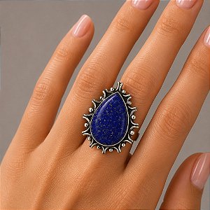 Anel em Prata Indiana com Lápis-Lazúli Gota Solar – Pedra de Altíssima Energia Espiritual