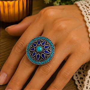 Anel Boho Tibetano Redondo com Lápis-Lazúli e Turquesa | Joia Étnica Artesanal