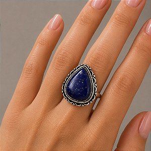 Anel em Prata Indiana com Lápis-Lazúli Gota Clássica – Pedra de Altíssima Energia Espiritual