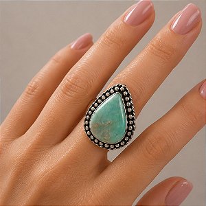 Anel em Prata Indiana Boho com Amazonita Natural em Gota | Equilíbrio e Prosperidade