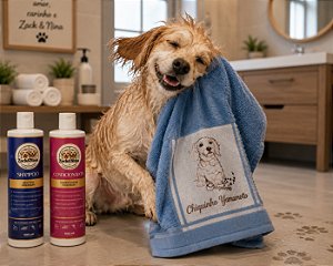 KIT 005 BANHO PREMIUM - ZACK & NINA - SHAMPOO + CONDICIONADOR + TOALHA DE BANHO PERSONALIZADA