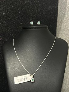 CONJUNTO BRINCO E PINGENTE QUADRADRO VERDE