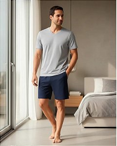 Pijama Masculino Adulto Omoss Manga Curta E Short -Platina\Marinho