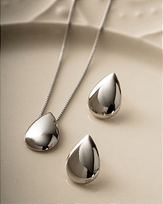 Conjunto Gota Lisa Prata Banho Ródio