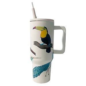 Copo Térmico Alça Canudo Aves Tropicais Aço Inox 1200ml Modelo:C2