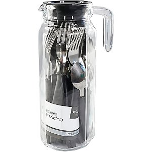 Conjunto Jarra Talheres 25 Peças Vidro Aço Inox Preto