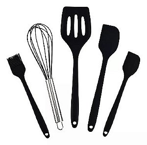 Kit Utensílios De Silicone Para Cozinha 5 Peças Espátula Fue Pincel Cor:Preto