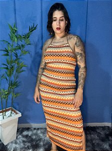 Vestido Longo Estampado Zigzag com Fenda