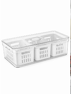 Organizador de Geladeira com Tampa Ajustável 6,8L 3 Cestos Internos