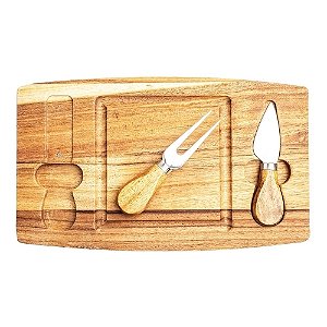 Kit Queijo 3 Peças com Tábua de Madeira, Garfo, Faca com ponta