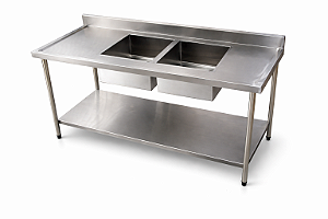 Pia em Aço Inox 430 com duas Cuba - 185x60cm - com uma Prateleira