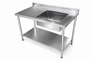 Pia em Aço Inox 430 com uma Cuba - 130x60cm - com uma Prateleira - Cuba Direita