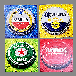 Kit 4 Quadros Decorativos Tampinhas de Cerveja, Churrasco, Alegria, Amigos e Família