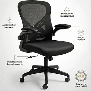 Cadeira De Escritório Ergonômica Laudo NR17 Assento Com Espuma Injetada Regulagem De Altura Ajuste Lombar Estofado Respirável Em Mesh Braços Retrátil Marca Brin7 Modelo B7-007