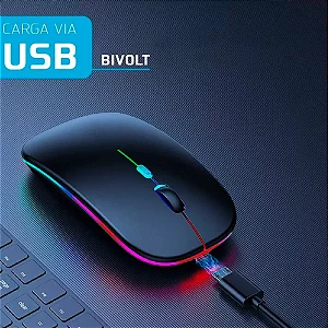 Mouse Sem Fio Recarregável Wireless Optico Led Rgb Ergonômico Sem Fio Para Pc Desktop Notebook Tablet Smartphone Homeroarte Preto