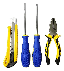 Kit de Ferramentas Essenciais 4 Peças - Alicate, Estilete, Chave Phillips e Fenda