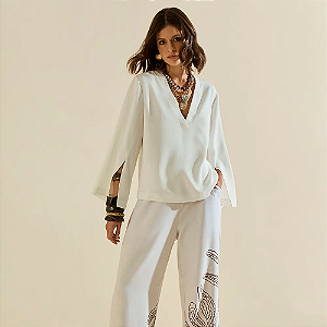 Blusa Morena Rosa Solta Decote V Manga 7 Oitavos Padrão Off White