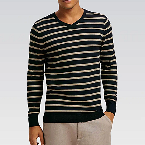 Blusão Masculino Listrado Conforto Tricô Gola V