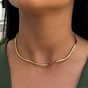 Colar Choker Aro Rígido Com Ondas Tamanho Único Banhado a Ouro 18k