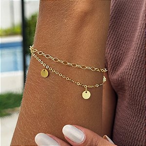 Pulseira Dupla Elo Com Plaquinhas Tamanho Único Banhado a Ouro 18k