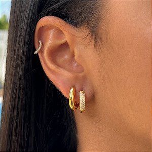 Brinco Dupla de Argola Cravejado Tamanho Único Banhado a Ouro 18K