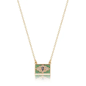 Colar Bandeira Brasil Zircônias - Banhado a Ouro 18k