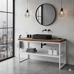 Gabinete Industrial para Banheiro - Feito em aço e madeira MDF Marmorizado