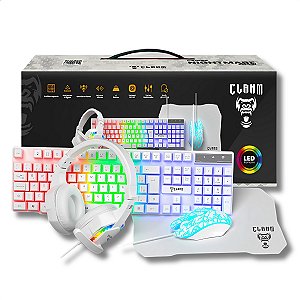 Combo Gamer 4X1 (Teclado+Mouse+Headset+Mousepad), Clanm Snow, Led RGB, Branco