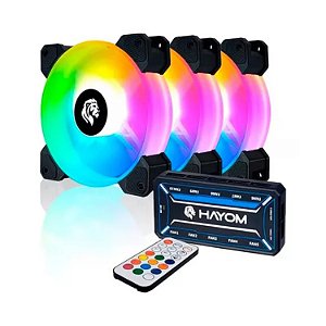 Ventoinha Cooler FAN (Kit Com 3 FAN + Hub + Controle), Hayom, 120mm, Led RGB, 6 Pinos + Molex, Preto - FC1306