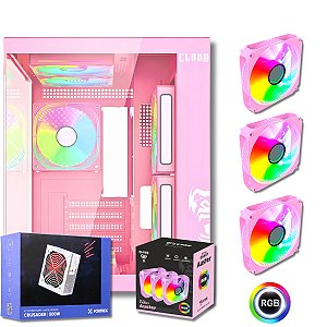 Gabinete Gamer Aquário Com 3 Fans RGB, Clanm GRODD CANDY, Rosa + Fonte 500W Branca