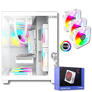 Gabinete Gamer Aquário Com 3 Fans RGB, Clanm GRODD SNOW + Fonte 500W Branco