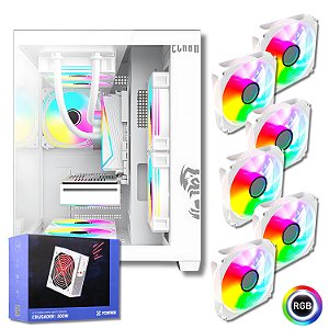 Gabinete Gamer Aquário Com 6 Fans RGB, Clanm GRODD SNOW + Fonte 500W Branco