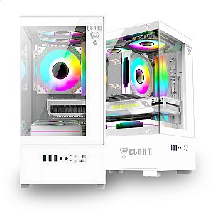 Gabinete Gamer Aquário, Clanm MEGALON SNOW, Micro-ATX/ITX, Vidro Temperado Frontal/Lateral, Branco