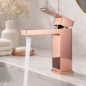 Torneira Banheiro Misturador Monocomando Mesa Quadrada Inox Rose Gold