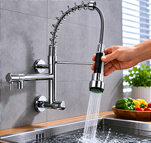 Torneira De Cozinha Parede Gourmet Baixa 45 Cm Com Ducha Spray
