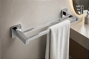 Porta Toalha De Banho Dupla Quadrado Inox Cromado