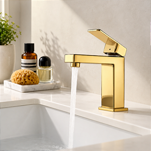 Torneira Monocomando Quadrada Misturador Mesa Banheiro Inox Dourado
