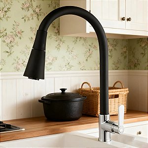 Torneira Cozinha Gourmet Parede 2 Jatos Preto 1/4 Volta