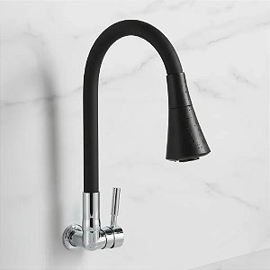 Torneira Cozinha Parede 1/4v Bica FlexÍvel 2 Jatos Preto Cromada