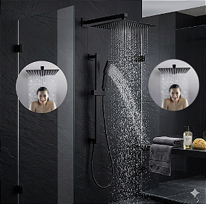 Ducha Slim Quadrada com Desviador Preto Fosco Matte para Aquecedor Solar e Gás