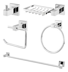Kit Acessórios para Banheiro Quadrado Luxo 5 Peças em Aço Inox Cromado