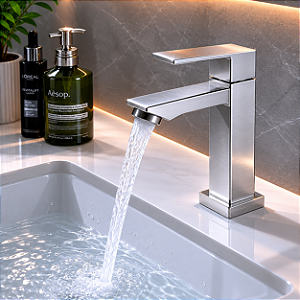 Torneira Banheiro Quadrada Água Fria Aço Inox Escovado