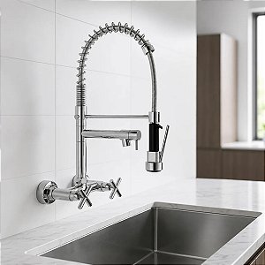 Torneira Cozinha Parede Misturador Duplo Flexível Mola Expiral Bica Extensível Cromado