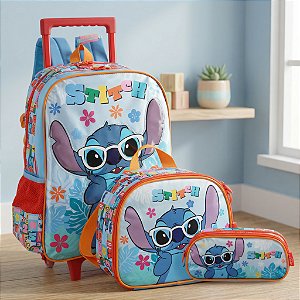 Kit Escolar Stitch Azul - 3 peças - Mochila de Rodinha, Estojo Duplo e Lancheira Térmica