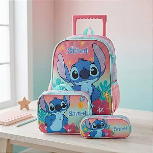 Kit Escolar Stitch Rosa - 3 peças - Mochila de Rodinha, Estojo Simples e Lancheira Térmica