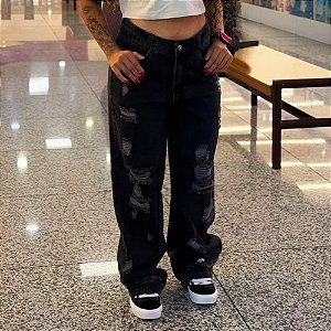 Calça Jeans Feminina Wide Leg Destroyed – Preta