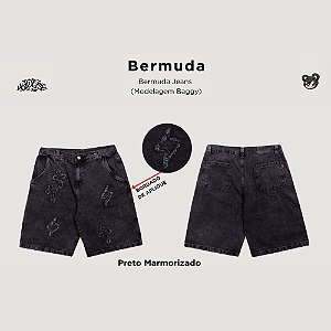 Bermuda Trip Side Jeans Baggy Preto Marmorizado – Bordado Aplique