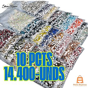 Chaton Strass Base Reta Kit Atacado com 14.400 Unidades 10pcts tamanhos e cores misto
