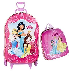 Mochila Escolar de Rodinhas Princesas 3D Maxtoy + Lancheira